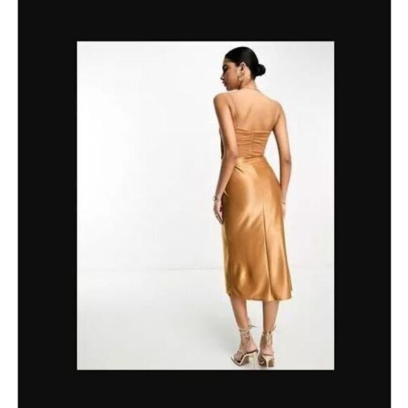 ASOS DESIGN Women's Sz 4 Gold Mesh Ruched Cami Drape Satin Midi Dress - Picture 14 of 14